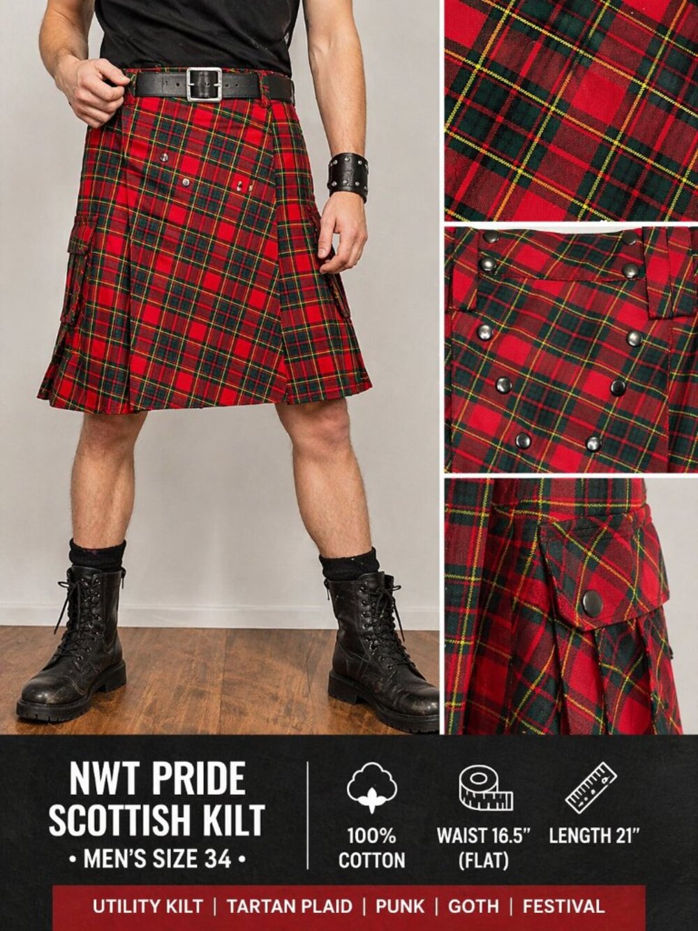 NWT PRIDE Scottish Kilt Red Tartan Plaid Men’s Size 34 Cotton Utility Kilt Punk